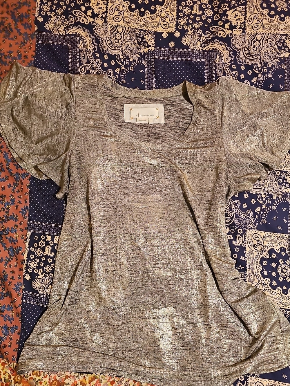 Anthropologie Silver Metallic Short-Sleeve Tee